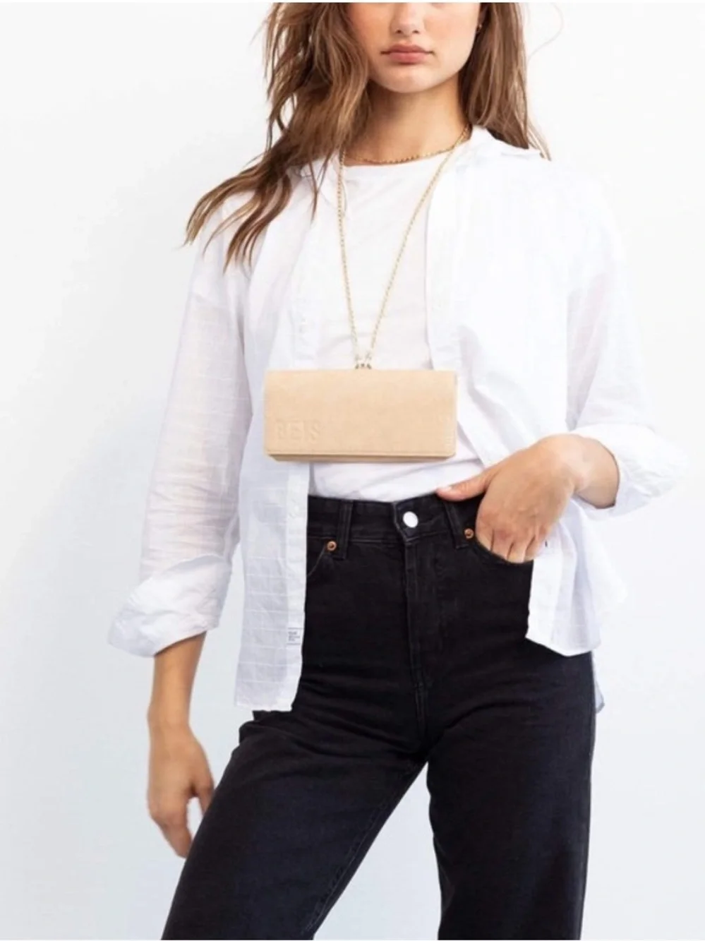 BEIS Beige sunglasses case with gold chain strap